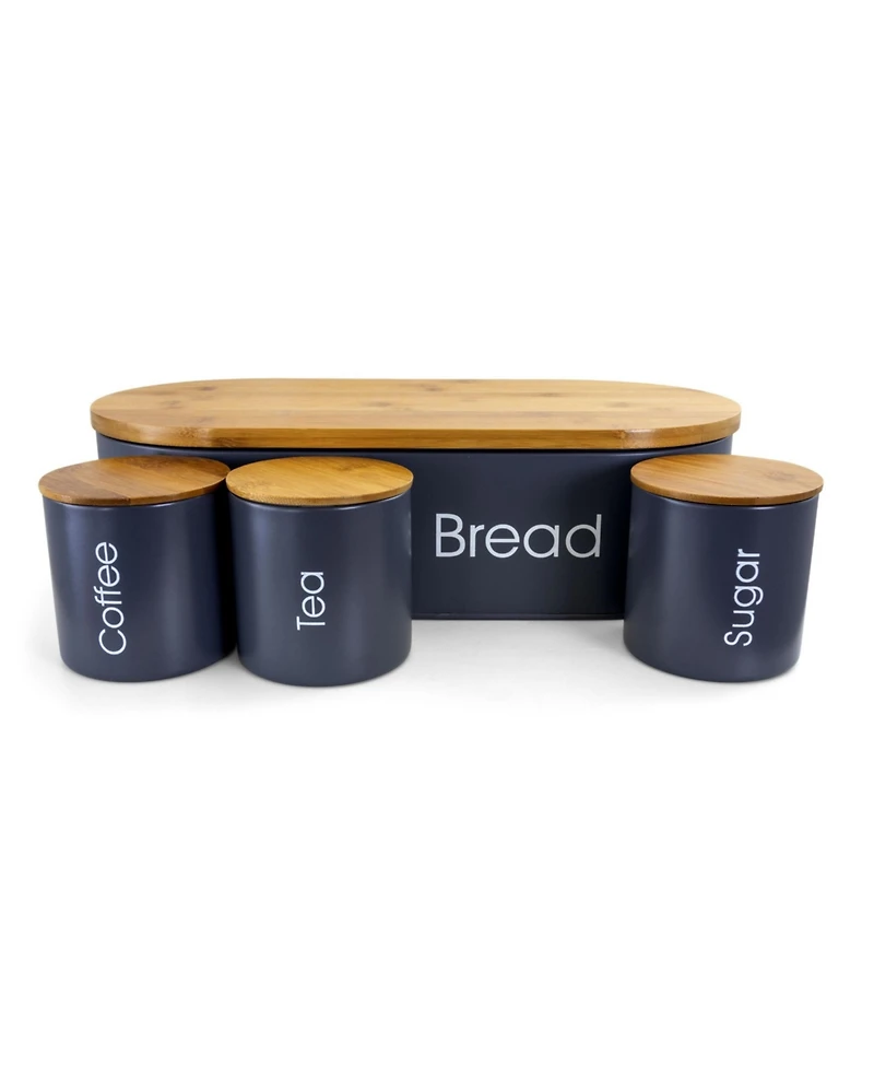 MegaChef Bamboo Kitchen Countertop 4 Piece Metal Bread Basket and Canister Set in Gray with Lids