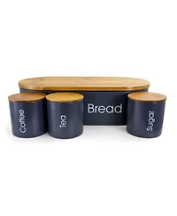 MegaChef Bamboo Kitchen Countertop 4 Piece Metal Bread Basket and Canister Set in Gray with Lids