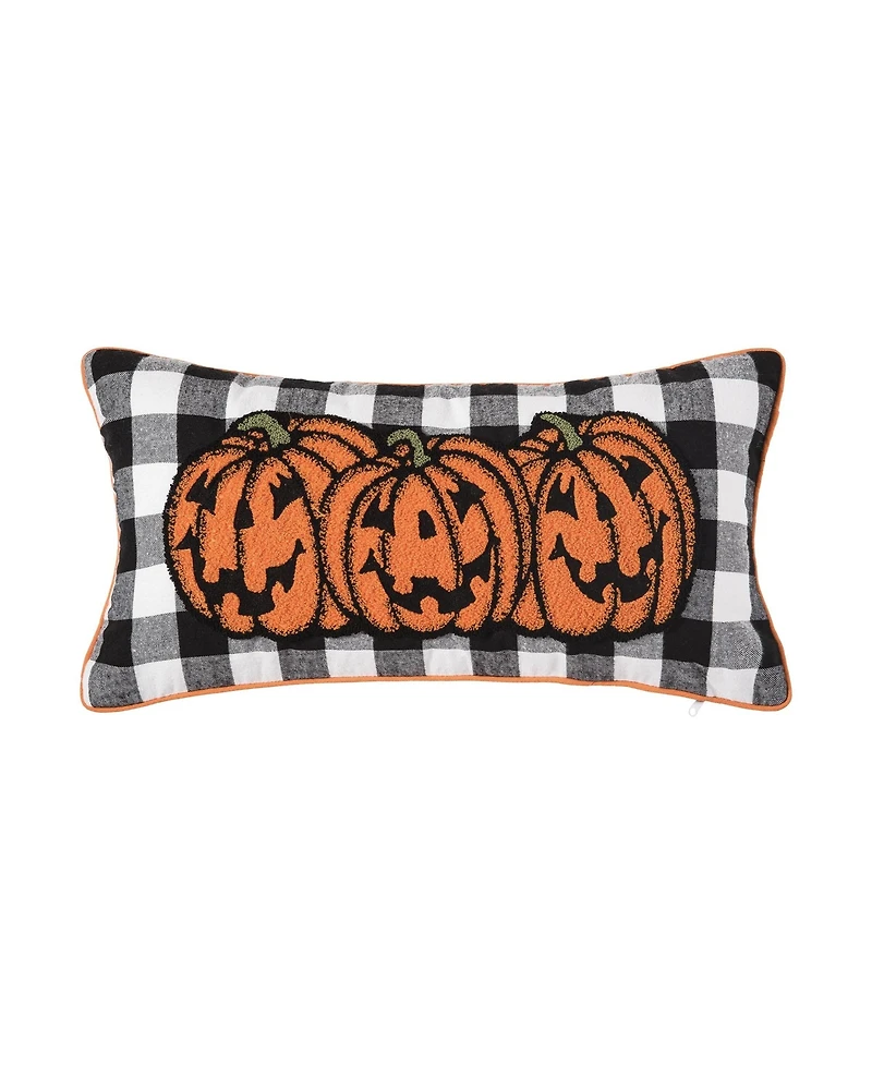 Jack-o-Lantern Pumpkin Check Tufted Bolster Halloween Accent Pillow, 12" x 24"