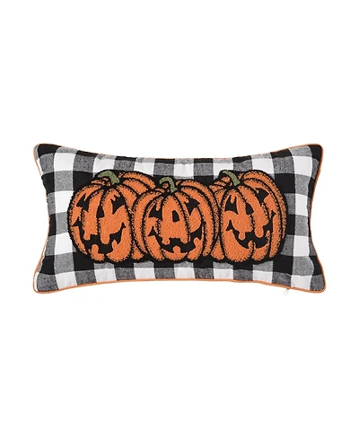 Jack-o-Lantern Pumpkin Check Tufted Bolster Halloween Accent Pillow, 12" x 24"