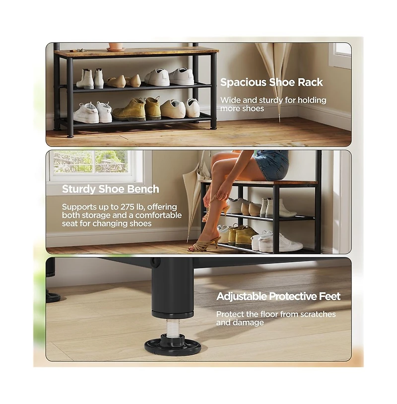 73” H Metal Hall Tree with Shoe Storage Bench Entryway
