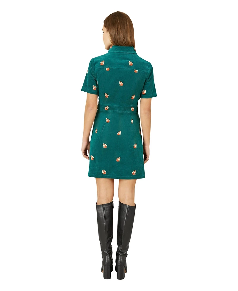 Yumi Women's Fox Embroidered Cord Shirt Dress