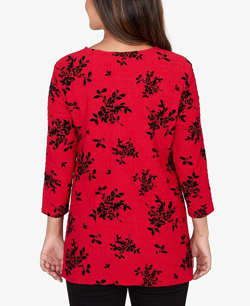 Ruby Rd. Petite Floral Flocked Texture Lace Trim Top