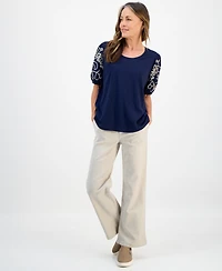 Style & Co Petite Cotton Embroidered Elbow-Sleeve Top, Macy's Exclusive