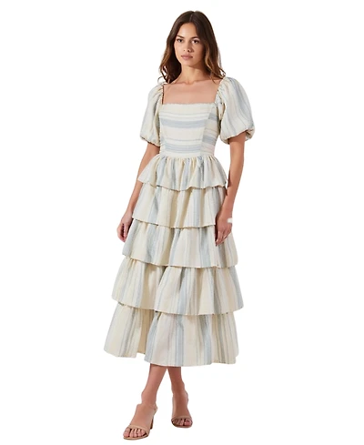 Modenaire Women's Puff-Sleeve Smocked Bodice Tiered Maxi Dress