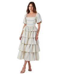 Modenaire Women's Puff-Sleeve Smocked Bodice Tiered Maxi Dress