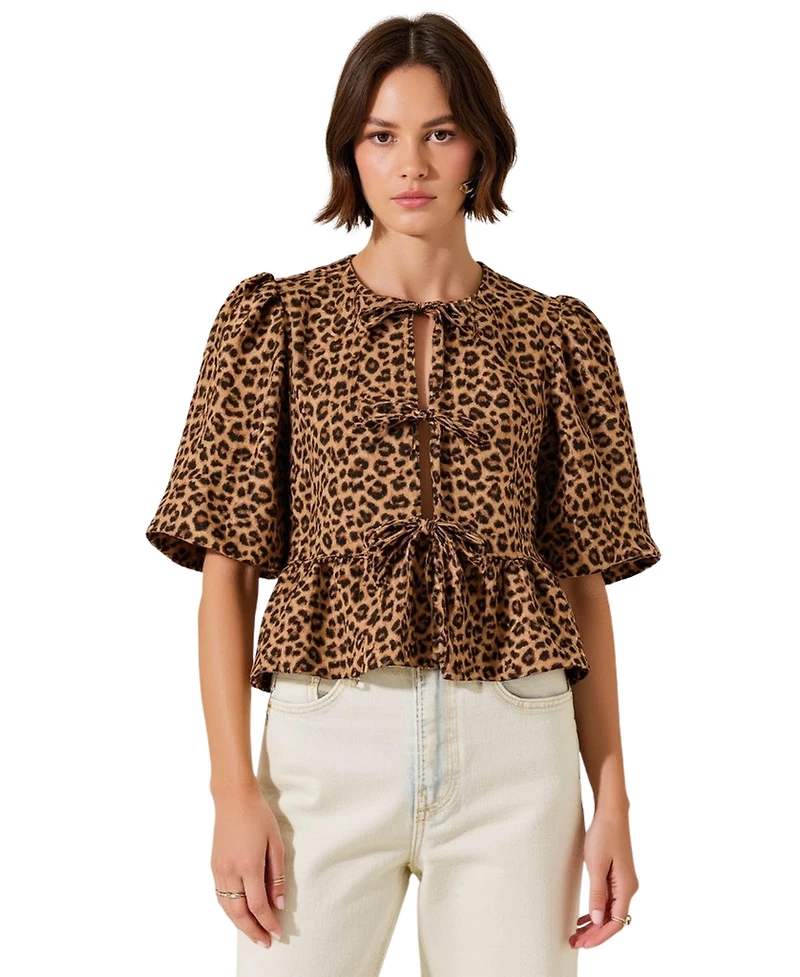 Modenaire Women's Leopard-Print Front-Tie Puff-Sleeve Peplum Top