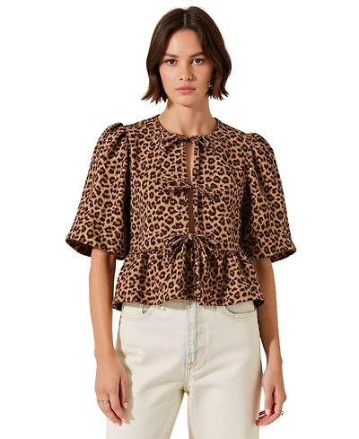 Modenaire Women's Leopard-Print Front-Tie Puff-Sleeve Peplum Top
