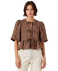 Modenaire Women's Leopard-Print Front-Tie Puff-Sleeve Peplum Top