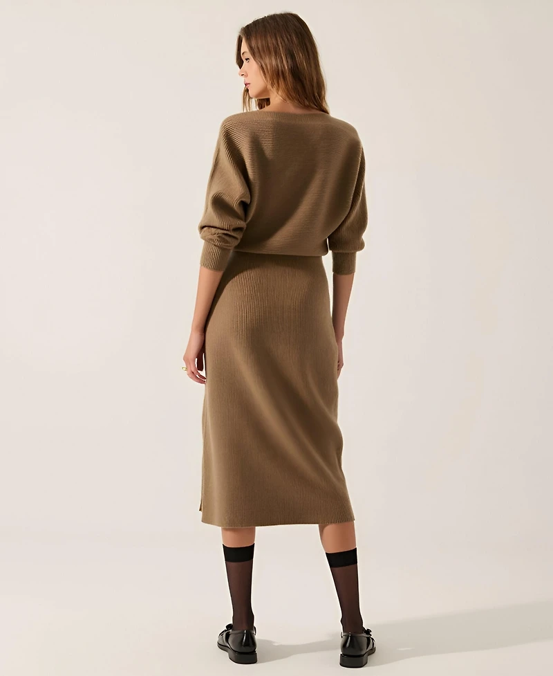 Modenaire Women's Rib Knit One Shoulder Dolman Midi Sweater Dress