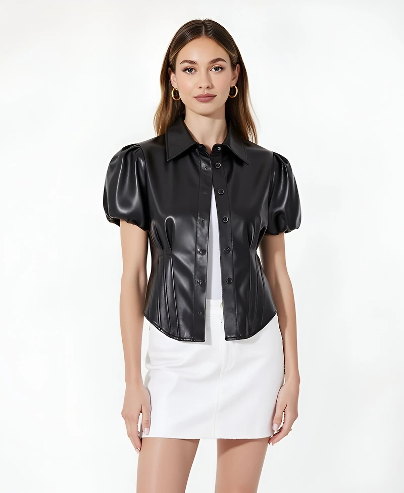 Modenaire Women's Leather Puff Sleeve Corset Button Up Shirt