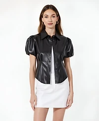 Modenaire Women's Leather Puff Sleeve Corset Button Up Shirt
