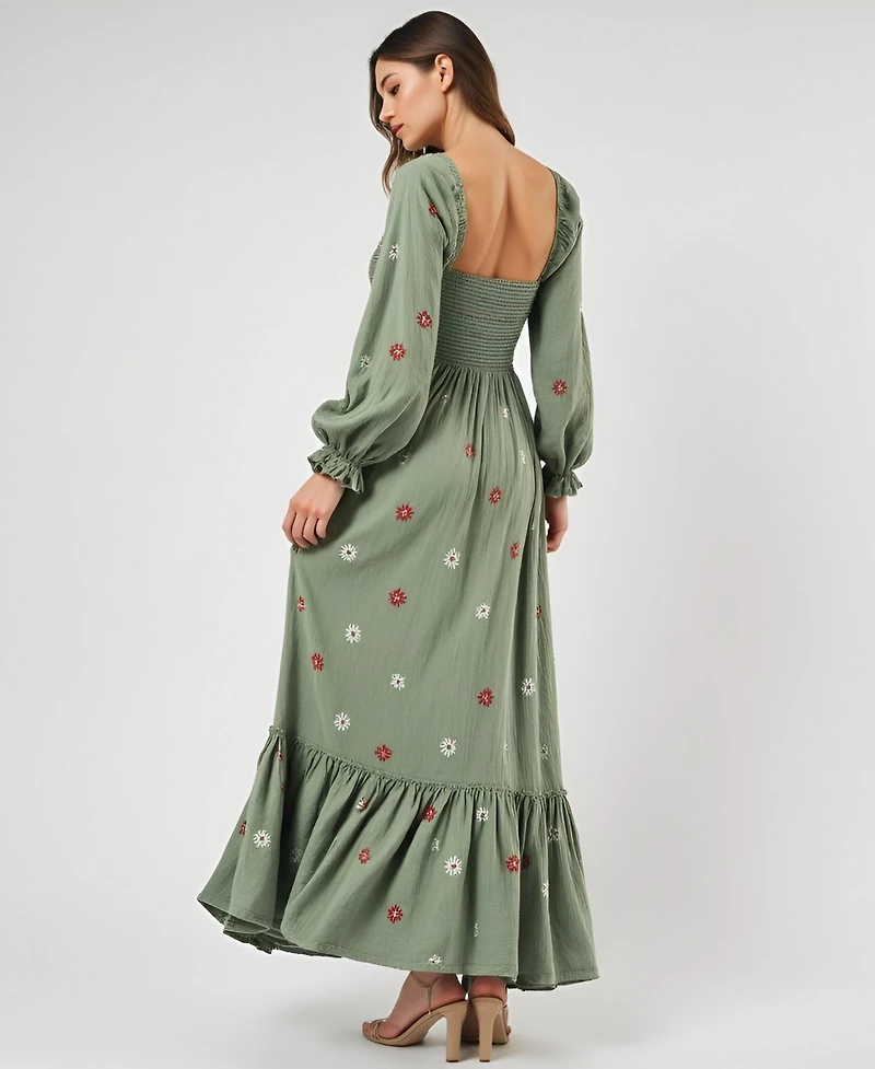 Modenaire Women's Floral-Embroidered Smocked Tiered Maxi Dress