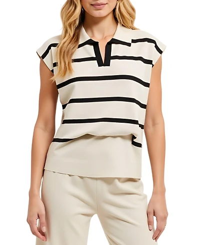 Modenaire Women's Cap Sleeve Striped Knit Polo Top