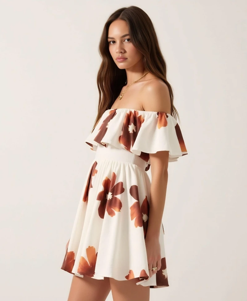 Modenaire Women's Floral Off-Shoulder Ruffled Bodice Mini Dress