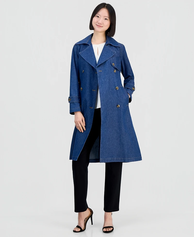 Anne Klein Women's Double-Breasted Cotton Denim Trench Coat