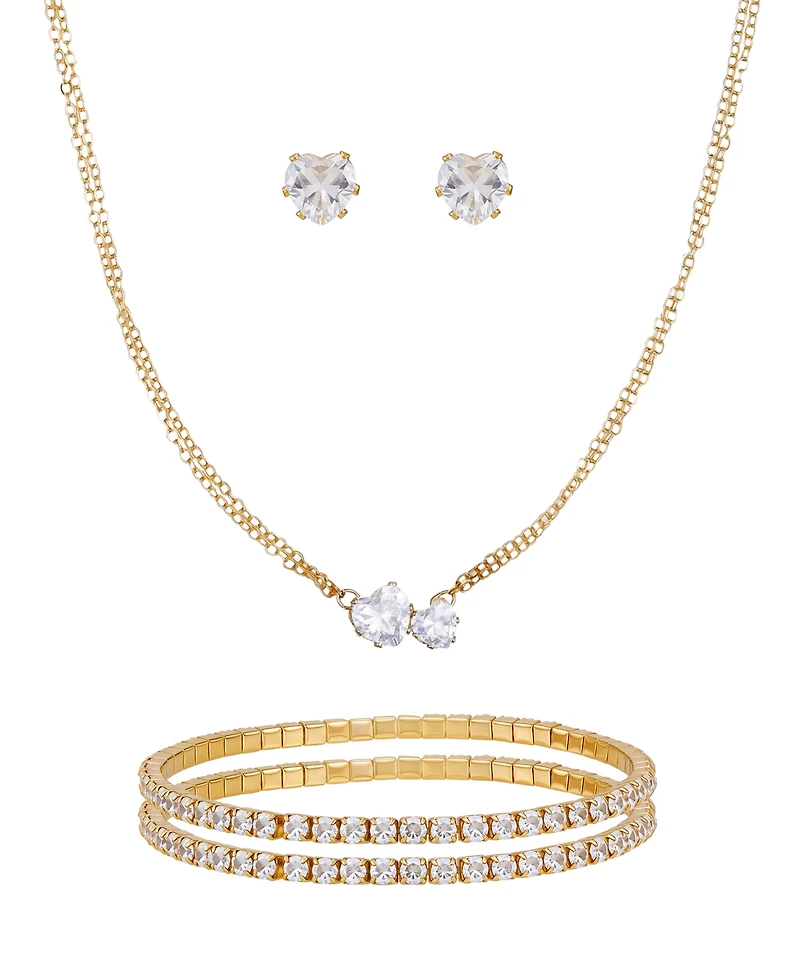 Guess 3-Pc. Cubic Zirconia Gold-Tone Heart Necklace, Stud Earrings, and Bracelet Gift Set