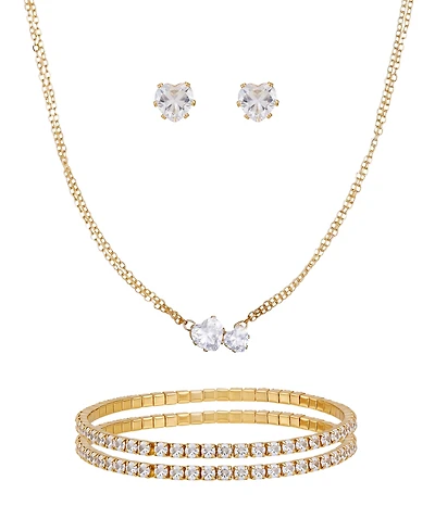 Guess 3-Pc. Cubic Zirconia Gold-Tone Heart Necklace, Stud Earrings, and Bracelet Gift Set