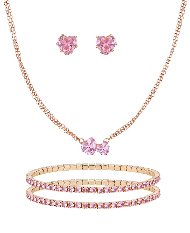 Guess 3-Pc. Cubic Zirconia Gold-Tone Heart Necklace, Stud Earrings, and Bracelet Gift Set