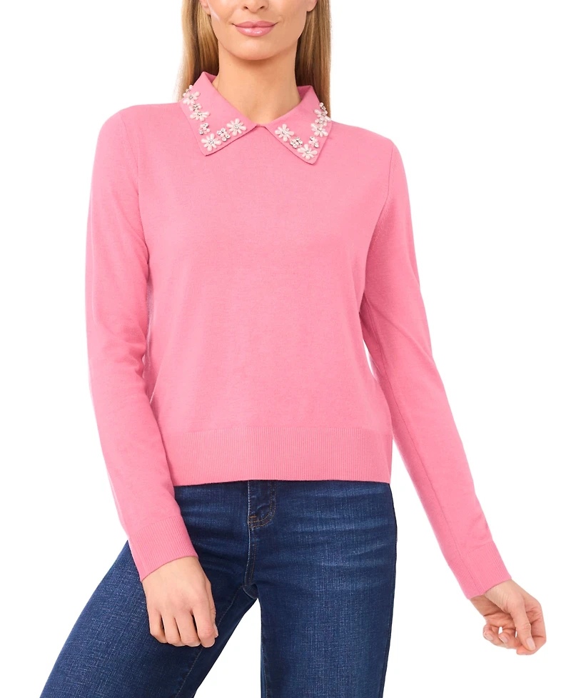 CeCe Women's Collared Neck Embellished Polo Sweater