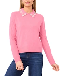 CeCe Women's Collared Neck Embellished Polo Sweater
