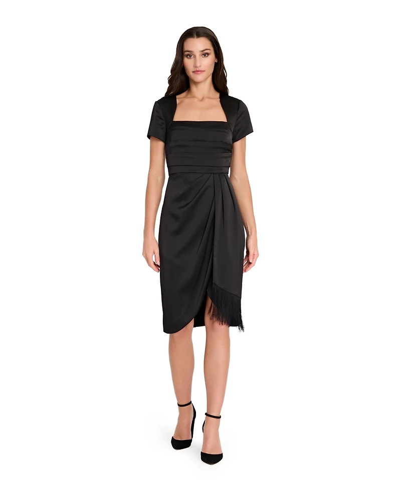 Tahari Asl Women's Short Sleeve Pleated Bodice Fringe Sheath Dress