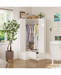 Bedroom Corner Armoire, Wardrobe with 2-Drawers and 2-Hold Bar