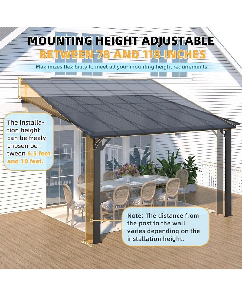 Aecojoy 12'x10' Adjustable Height Wall Mounted Outdoor Gazebos Pergola
