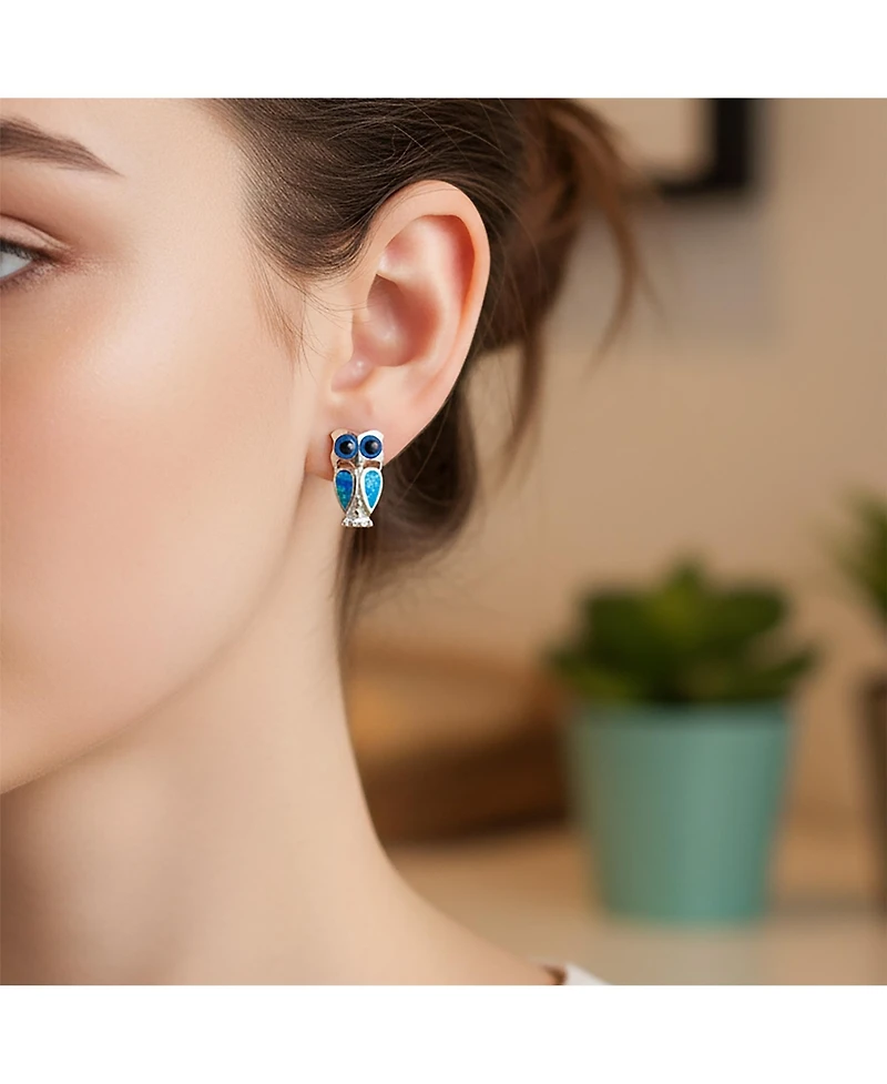 Bling Jewelry Opalescent Blue Created Opal Wide Eye Pet Animal Lucky Wise Bird Owl Stud Earrings .925 Sterling Silver