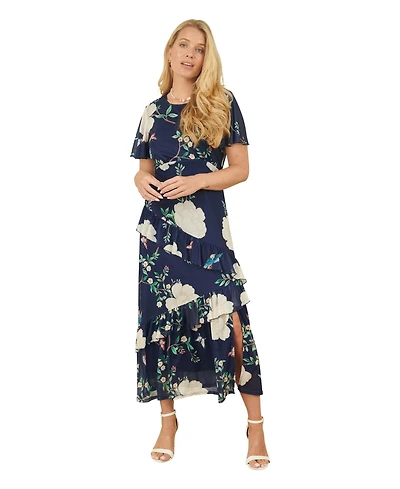 Yumi Women's Mesh Bird And Floral Print Midi Dress