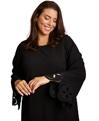 London Times Plus Lasercut Long Sleeve Swing Dress