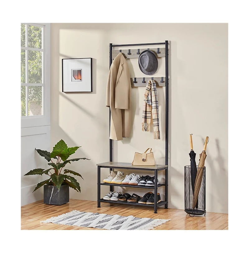 73” H Metal Hall Tree with Shoe Storage Bench Entryway Coat Rack