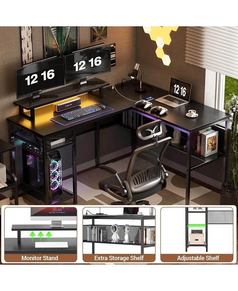 55.5'' Reversible L-shaped Desk with Power Outlets and Rgb Led Lights, Computer Table with Cpu Stand and Monitor Stand