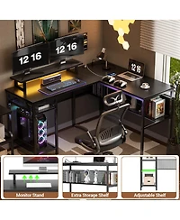 55.5'' Reversible L-shaped Desk with Power Outlets and Rgb Led Lights, Computer Table with Cpu Stand and Monitor Stand