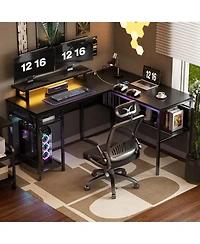 55.5'' Reversible L-shaped Desk with Power Outlets and Rgb Led Lights, Computer Table Cpu Stand Monitor