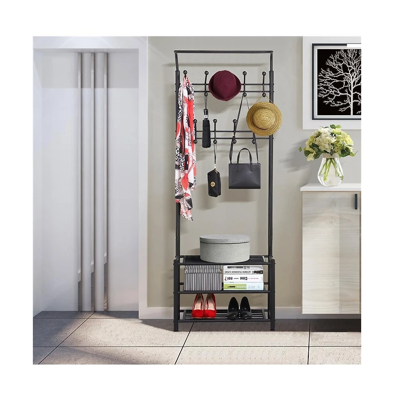 74” H Metal Hall Tree with Shoe Storage Entryway Coat Rack