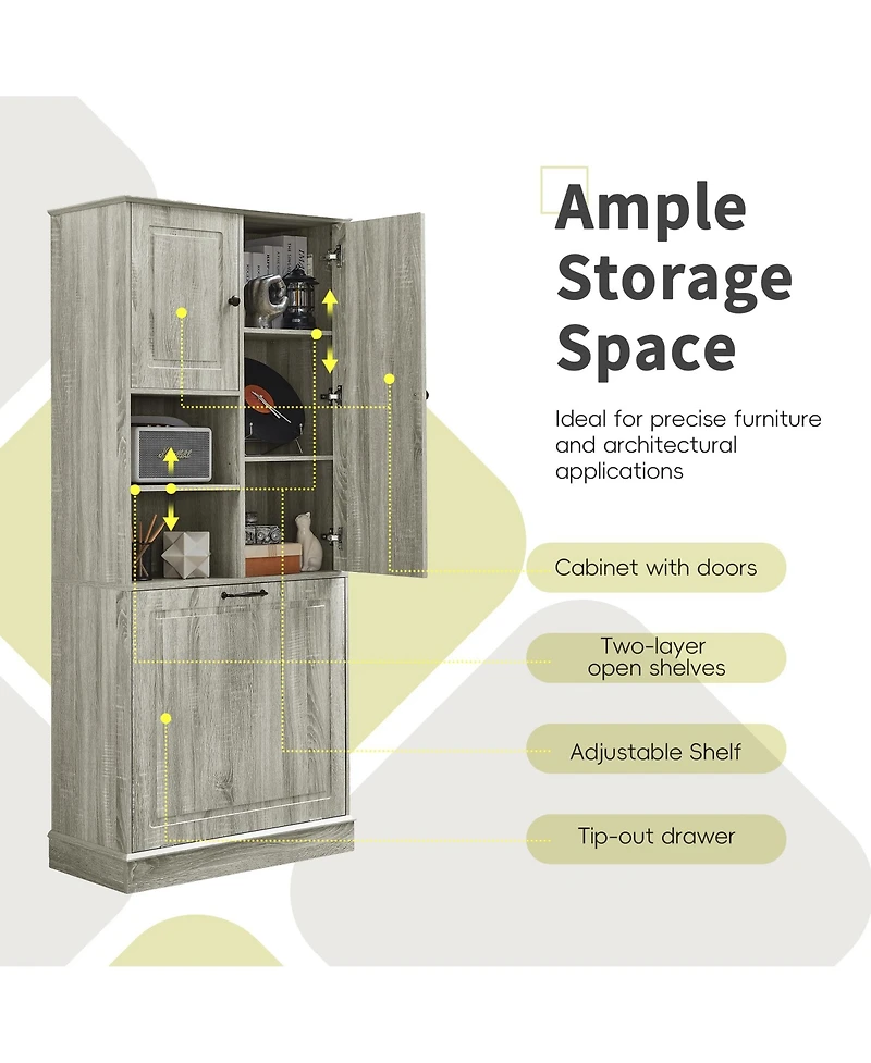 Casainc Tall Storage Cabinet with Adjustable Shelves, Flip-Out Basket and Enclosed Cabinets