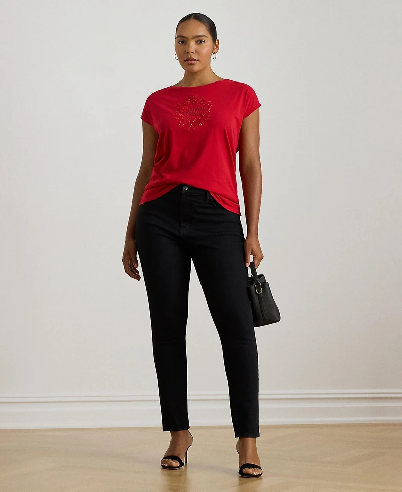 Lauren Ralph Plus Sequined-Crest Cotton Jersey T-Shirt