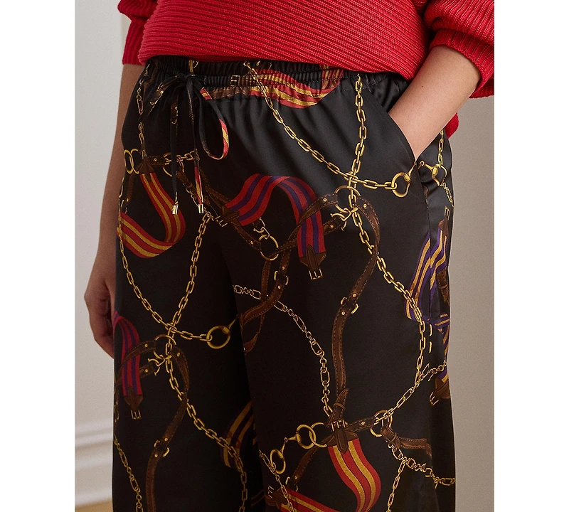 Lauren Ralph Plus Belting-Print Charmeuse Wide-Leg Pant