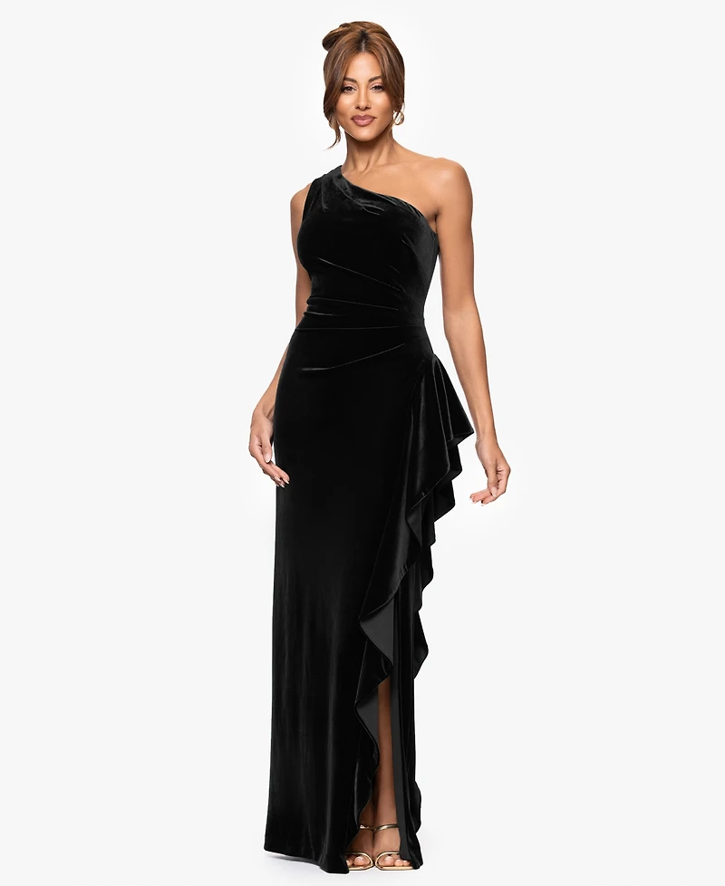 Xscape Women's Velvet One Shoulder Long Ruffle Dress