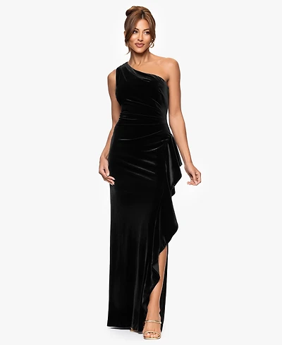 Xscape Women's Velvet One Shoulder Long Ruffle Dress