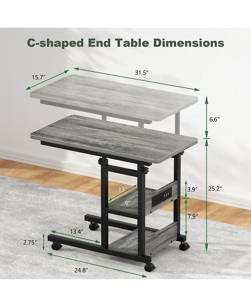 Aheaplus Height Adjustable C Table with Usb Port and Wheels