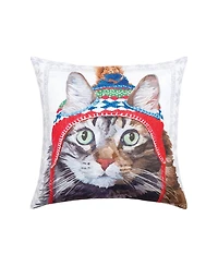 Winter Hat Cat Indoor/Outdoor Christmas Holiday Throw Pillow, 18" x 18"