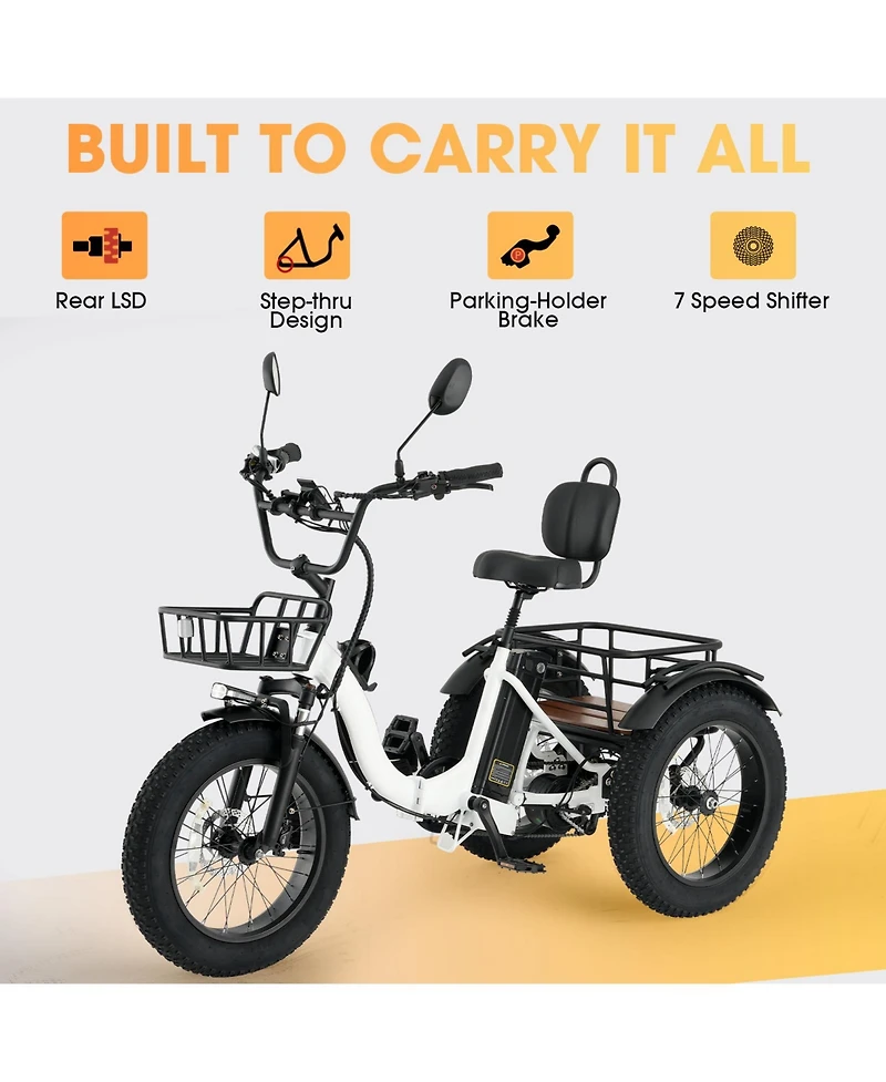 Mikolo Electric Tricycle for Adults, 20"x4" Folding Fat Tire Electric Trike, 750W(Peak 1350W) Motor Etrike, 48V13Ah Battery, 3-Wheel Electri