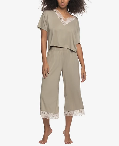 Felina Women's Regular Amelie Jersey Vintage Lace Crop Tee Wide Leg Pants