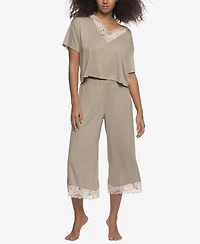 Felina Women's Regular Amelie Jersey Vintage Lace Crop Tee Wide Leg Pants