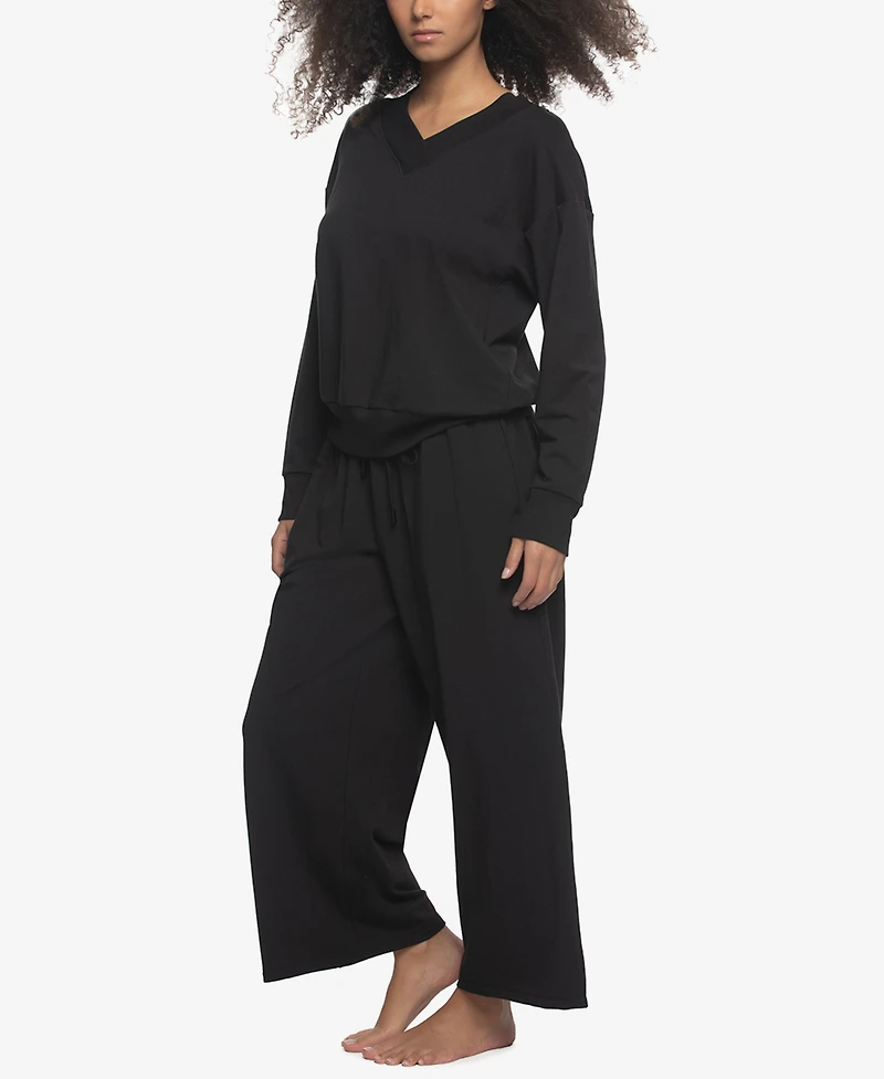Felina Women's Regular Kimora French Terry V-Neck Sweatshirt with Wide Leg Pants