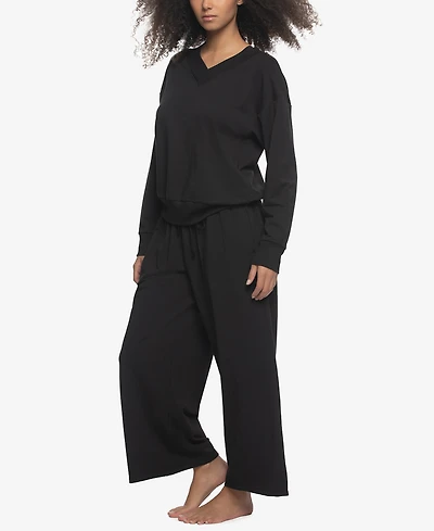 Felina Women's Regular Kimora French Terry V-Neck Sweatshirt with Wide Leg Pants