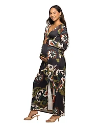 24seven Comfort Apparel Women's Maternity Green Paisley Print Long Sleeve Wrap Maxi Dress