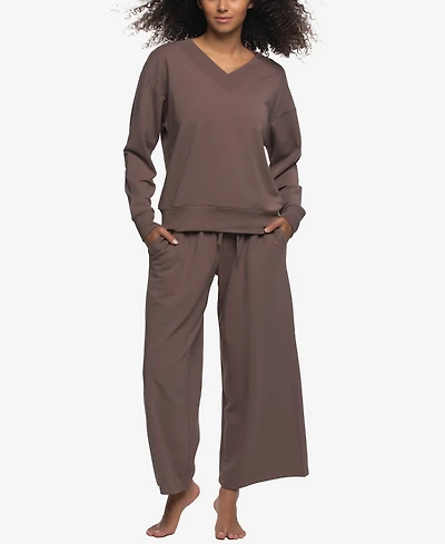 Felina Women's Regular Kimora French Terry V-Neck Sweatshirt with Wide Leg Pants